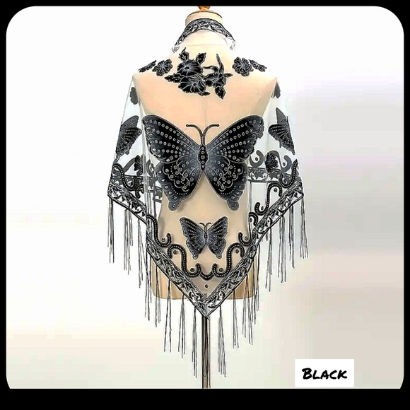 Lace Tassel Butterfly Print Shawl Triangular Scarf, Windproof cover up scarf new - Picture 8 of 10